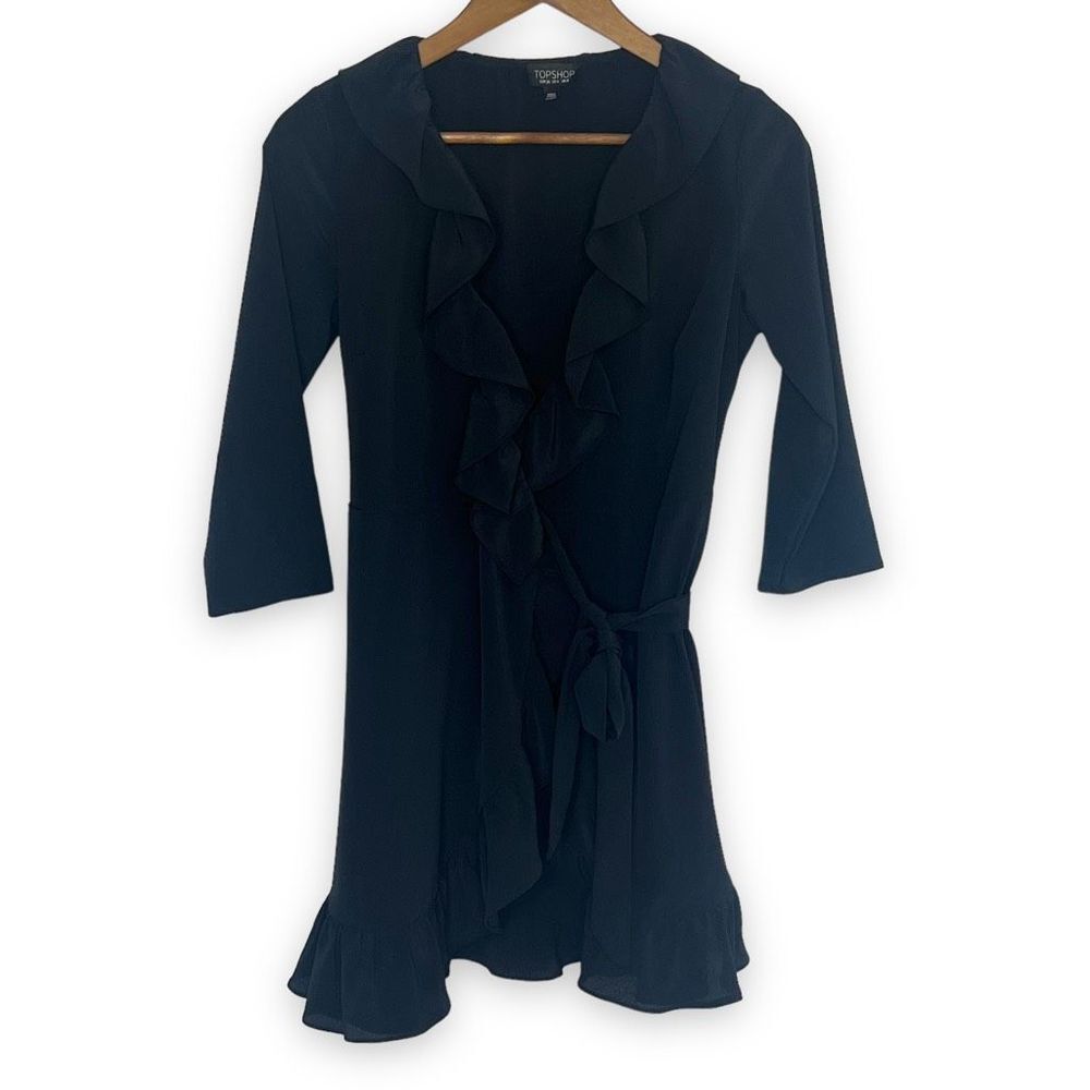 TopShop Black Classic Ruffle‎ V-Neck Mini Wrap Dress Size 4
